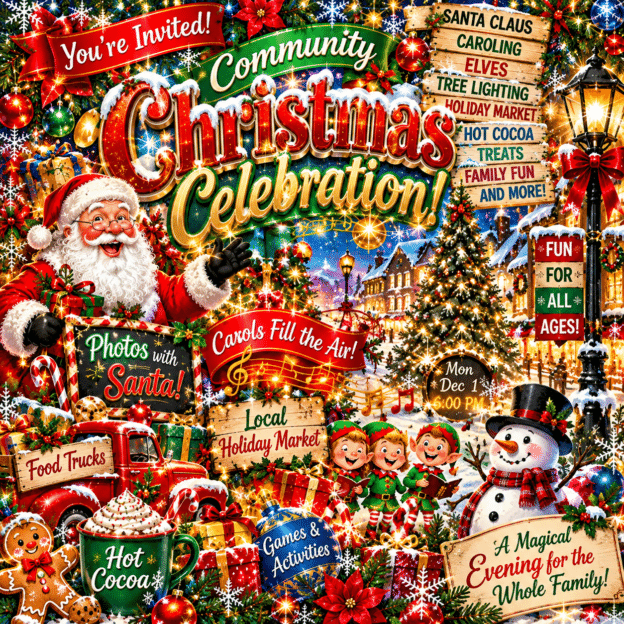 Overcrowded AI-generated Christmas event flyer featuring Santa, elves, a snowman, glowing lettering, colorful ornaments, ribbons, snowflakes, and competing decorations. The event date and time are nearly lost in the visual clutter.